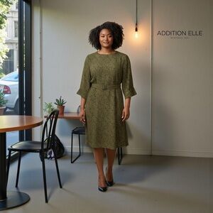 NEW, Addition Elle, Floral Print Belted Dress, 14W Plus Size, Green & Black